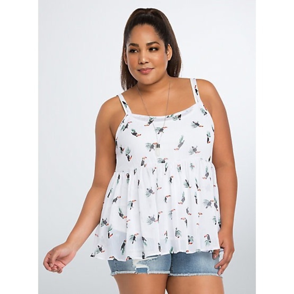 Torrid Cami Top Women 1 White Toucan Tropical Babydoll Chiffon Tank